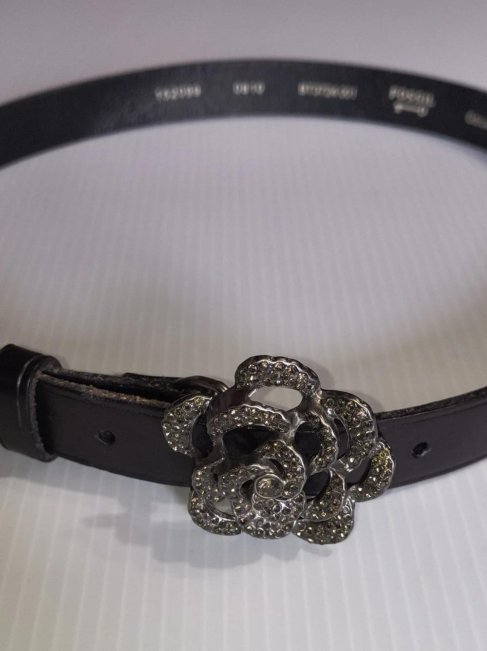 Fossil Women's Black Leather Belt with Crystal Flower Buckle Sz Small
